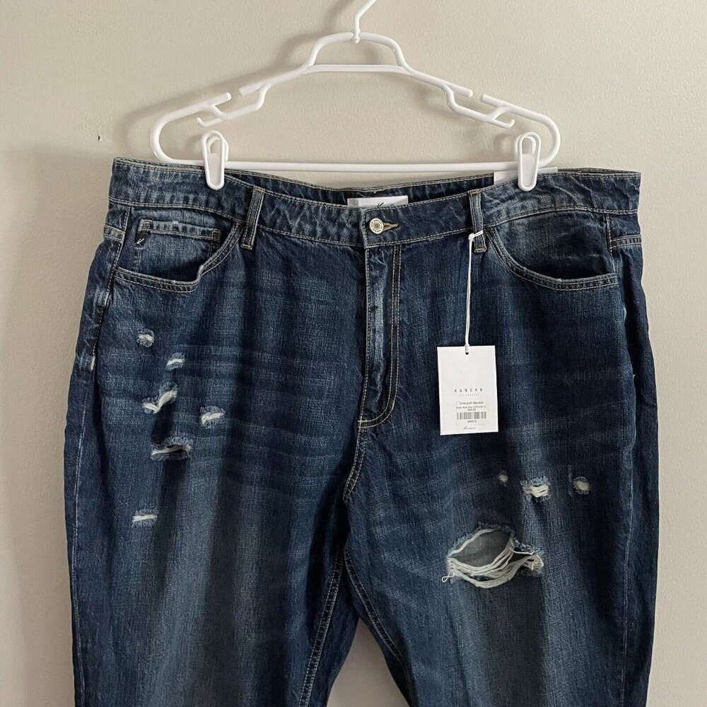 KanCan Womn 3XL Dark Wash Distressed Denim Relaxed High Rise Girlfriend Jean NWT - Picture 4 of 12